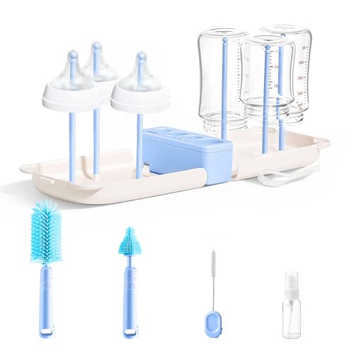 Travel Bottle Washing Kit with Storage Case, 7-in-1 Baby Travel Bottle Cleaner Kit for Travel and Home, All-in-One Baby Bottle Brush Set with Drying Rack for Bottles and Breast Pump Parts (Blue) - color: Blue