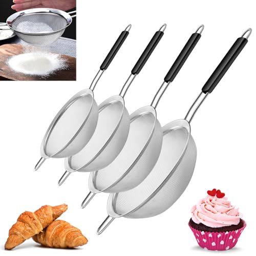 4 Pcs Set Fine Mesh Strainers Skimmers, Stainless Steel Kitchen Utensil | Sieve Strainer Wire Sifter Colanders with Anti-Scald Handle, Stainless Steel Strain Pasta Quinoa Rice, Ideal for Gift - size: 4-Piece Fine Mesh Strianer Set for Baking