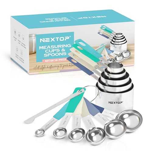 Nextop 14-Piece Stainless Steel Measuring Cups and Measuring Spoons Set with All Stackable Sizes and Leveler for Dry Ingredients, Complete Set for Kitchen & Baking Measuring Tools (Aqua Sky Blue Set) - color: Aqua Sky Blue Set