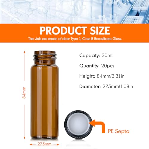PEKYBIO 20PCS 30ML Amber Small Liquid Sample Glass Vials with Screw Caps, 27.5mmx 84mm Leak-Proof Vial, 24-400 Black Screw Cap with PE Liners for Lab, Essential Oil, Perfume, Reagents - size: 27.5*84mm 30ml Vial