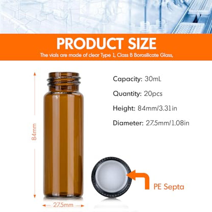PEKYBIO 20PCS 30ML Amber Small Liquid Sample Glass Vials with Screw Caps, 27.5mmx 84mm Leak-Proof Vial, 24-400 Black Screw Cap with PE Liners for Lab, Essential Oil, Perfume, Reagents - size: 27.5*84mm 30ml Vial