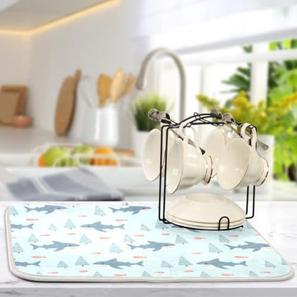 Sharks Fish Tree Blue Dish Drying Mat for Kitchen Counter Super Absorbent Draining Mat with Non-slip Backed Dishwashing Mat for Dish Bottles Cups Bowl Draining Racks Countertops Sinks