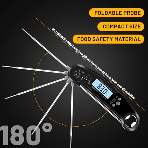 Instant Read Meat Thermometer Digital, Waterproof Food Thermometer with Magnet, Fast and Accurate, Backlight Calibration for Cooking, Grilling, BBQ, Baking, Smoker, Candy Making, Black