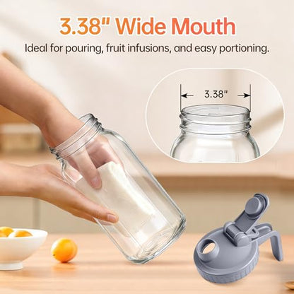 32oz Glass Pitcher with Lid & Spout – 1 Quart Mason Jars, Airtight & Leakproof Breastmilk Pitcher for Cold Brew Coffee, Sun Tea, Water, Juice – Wide Mouth, Fridge Safe - color: Gray, size: 32 Ounces