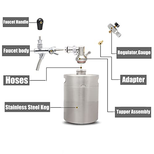 Portable Draft Keg System Stainless Steel Keg Mini Keg Draft System Stainless Steel Portable Mini Keg Dispenser Pressure Regulator Craft Beer Draft Home Brew,2L
