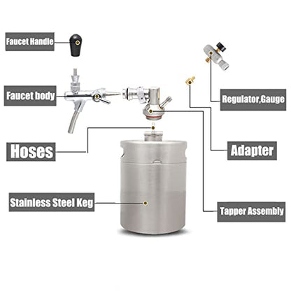 Portable Draft Keg System Stainless Steel Keg Mini Keg Draft System Stainless Steel Portable Mini Keg Dispenser Pressure Regulator Craft Beer Draft Home Brew,2L
