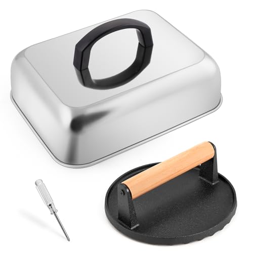HaSteeL Cheese Melting Dome & Burger Press, Stainless Steel Basting Steaming Cover & Round Cast Iron Bacon Press, Ideal for Flat Top Griddle Grill Hibachi Stove Barbecue, Heavy Duty & Easy to Clean - style: Rectangular Lid & 7" Press