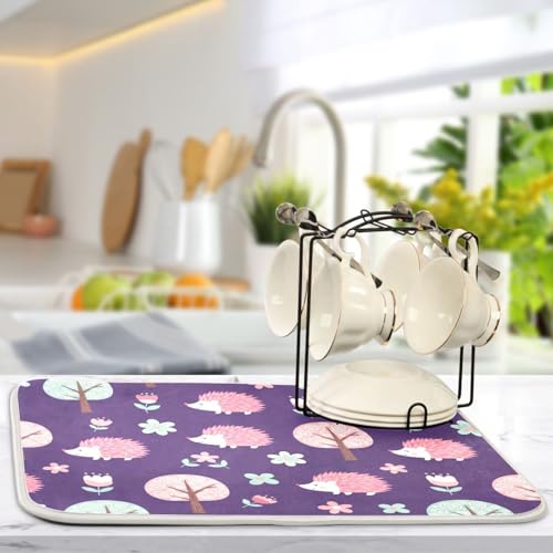Hedgehog Flower Trees Purple Dish Drying Mat for Kitchen Counter Super Absorbent Draining Mat with Non-slip Backed Dish Rack Pad for Sinks Countertops Draining Racks Dish Bottles Cups Bowl