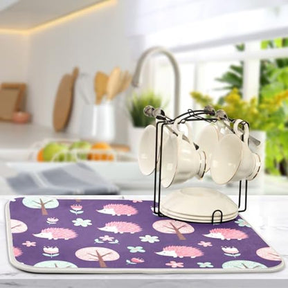 Hedgehog Flower Trees Purple Dish Drying Mat for Kitchen Counter Super Absorbent Draining Mat with Non-slip Backed Dish Rack Pad for Sinks Countertops Draining Racks Dish Bottles Cups Bowl
