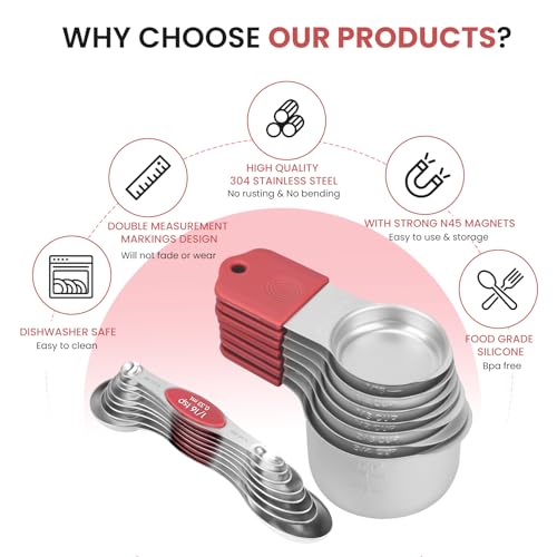 Magnetic Measuring Cups and Spoons Set-Heavy Duty 304 Stainless Steel，Double Measurement Markings，Set of 16 with Leveler for Measure Dry and Liquid Ingredients (Red) - color: Red