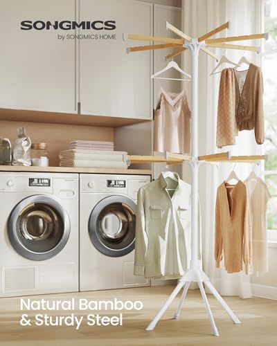 SONGMICS Clothes Drying Rack 2-Tier, with Bamboo Hanging Rods, Foldable Metal Laundry Rack, Space-Saving, Free-Standing Airer, Indoor Use, White and Natural ULLR517W01 - size: 2 Tier