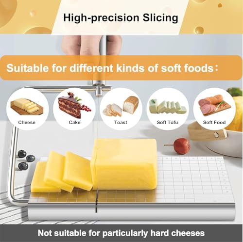 Cheese Slicer with Measuring Grids, Stainless Steel Metal Cheese Cutter and Cutting Board for Block Cheese, with 5 Replacement Extra Wires, Easy to Clean, Dishwasher Safe