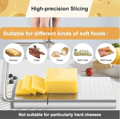 Cheese Slicer with Measuring Grids, Stainless Steel Metal Cheese Cutter and Cutting Board for Block Cheese, with 5 Replacement Extra Wires, Easy to Clean, Dishwasher Safe