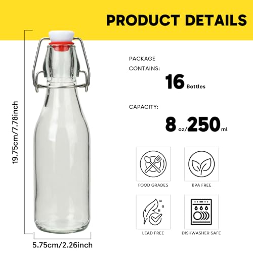 16 Pack 8oz Glass Swing Top Bottles with Airtight Lids | Grolsch Style Flip Top Caps & Rubber Seals for Home Brewing Beer, Kombucha, Kefir, Iced Tea, Juice, Oil & Vinegar Storage