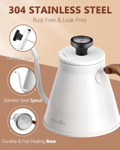 Harriet Gooseneck Kettle with Thermometer for Pour Over Coffee and Tea, 37 fl oz, Stainless Steel, Durable 3-Layer Base, Ideal Spout for Precision Pouring, Compatible with all Stove Tops, White - color: White