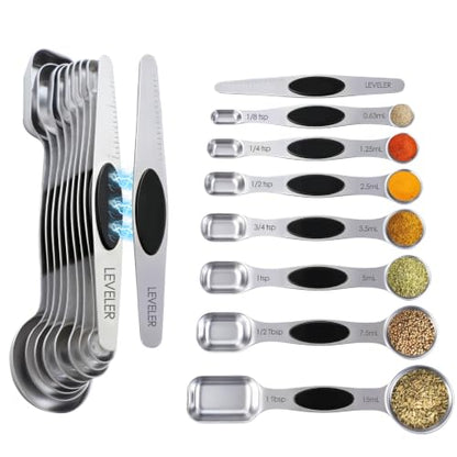Measuring Spoons,Magnetic Measuring Spoons Set,304 Stainless Steel 8 Double Side Measuring Spoons Set and 1 Leveler with Strong N45 Magnetss,Heavy Duty Metal Kitchen Gadgets for Baking & Cooking - color: Black Magnetic Measuring Spoons Set - D