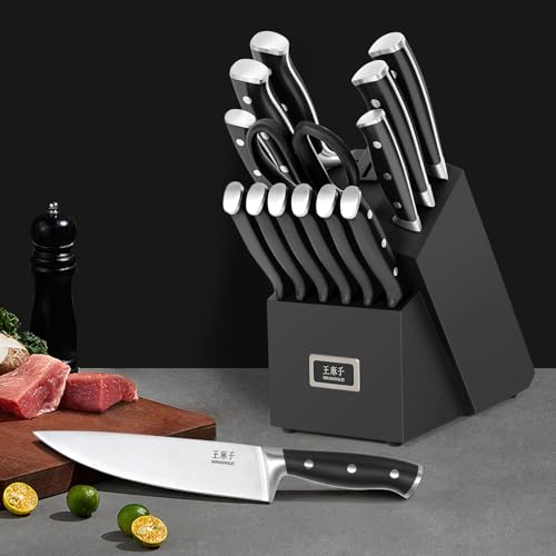 WANGMAZI 15 Pcs Knife Set with Block, Dishwasher Safe Kitchen Knife Set with Built in Sharpener Block, High Carbon Stainless Steel Dishwasher Safe Knives with Ergonomic Handles for Chef, Black Pro - color: 04-Black Pro