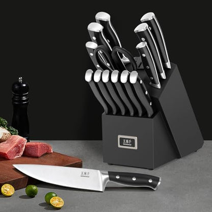 WANGMAZI 15 Pcs Knife Set with Block, Dishwasher Safe Kitchen Knife Set with Built in Sharpener Block, High Carbon Stainless Steel Dishwasher Safe Knives with Ergonomic Handles for Chef, Black Pro - color: 04-Black Pro