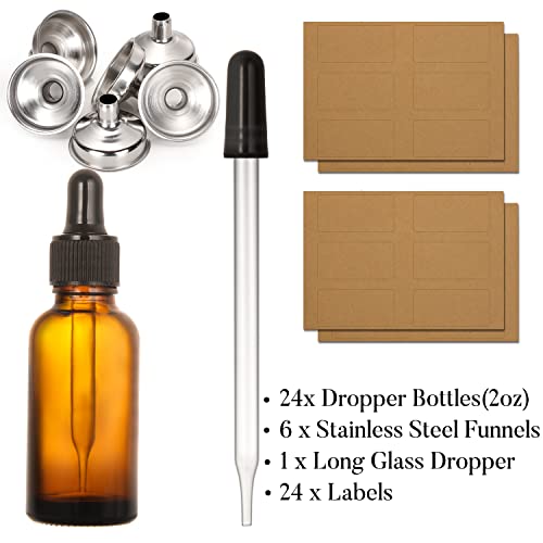 24 Pcs, 2 oz Dark Amber Dropper Bottles with 6 Small Funnels & 1 Long Glass Labels - 60ml Tincture Bottles w/ Eye Dropper for Essential Oils, Perfume, Hair Oil, Liquids - Leak Proof Travel Bottles - size: 2 OZ