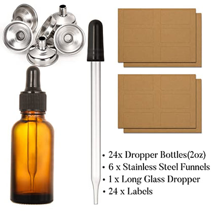 24 Pcs, 2 oz Dark Amber Dropper Bottles with 6 Small Funnels & 1 Long Glass Labels - 60ml Tincture Bottles w/ Eye Dropper for Essential Oils, Perfume, Hair Oil, Liquids - Leak Proof Travel Bottles - size: 2 OZ