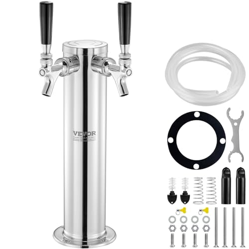 VEVOR Dual Taps Draft Beer Tower Dispenser, Stainless Steel Keg Beer Tower, Kegerator Tower Kit with Pre-Assembled Tubing and Self-Closing Faucet Shanks for Party, Bar, Pub, Restaurant - style: Dual Faucets