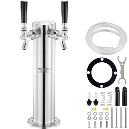 VEVOR Dual Taps Draft Beer Tower Dispenser, Stainless Steel Keg Beer Tower, Kegerator Tower Kit with Pre-Assembled Tubing and Self-Closing Faucet Shanks for Party, Bar, Pub, Restaurant - style: Dual Faucets