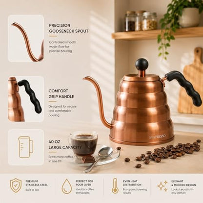 Mixpresso Gooseneck Pour Over Coffee Kettle, Barista Pour Control Design For Coffee & Tea High-Grade Stainless Steel 1.2 Liter (40 Oz) Drip Coffee Induction Cooker, Copper Stovetop Kettle - color: Bronze