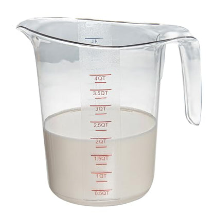 Restaurantware RW Base 4 Quart Measuring Jar 1 Durable Measuring Beaker - Metric And Imperial Units V-Shaped Spout Clear Plastic Measuring Cup Handle With Thumb-Grip Tolerates Up To 248F - color: Clear, size: 9.50" × 7.25" × 9.50"