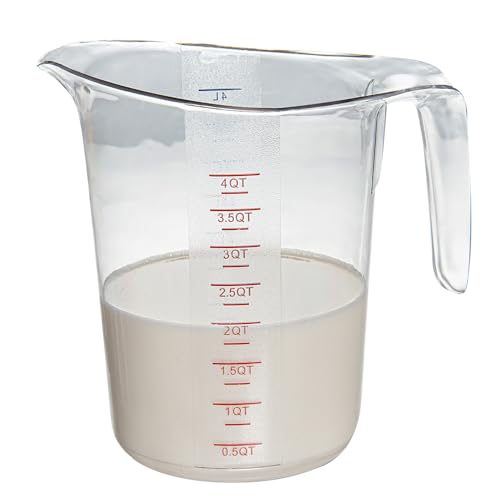 Restaurantware RW Base 4 Quart Measuring Jar 1 Durable Measuring Beaker - Metric And Imperial Units V-Shaped Spout Clear Plastic Measuring Cup Handle With Thumb-Grip Tolerates Up To 248F - color: Clear, size: 9.50" × 7.25" × 9.50"