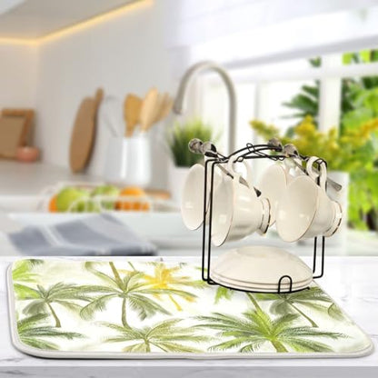Tropical Palm Trees Ivory Dish Drying Mat for Kitchen Counter Super Absorbent Draining Mat with Non-slip Backed Dish Drying Pad for Dish Bottles Cups Bowl Countertops Sinks Draining Racks
