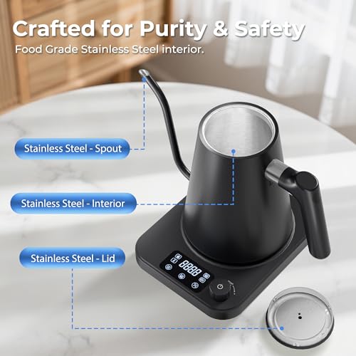 Gooseneck Electric Kettle, ±1°F Temperature Control Electric Kettle, 1.0L 1200W Fast Heating, 24H Keep Warm, 30Min Auto Memory, Food Grade Stainless Steel, Pour Over Kettle for Coffee and Tea