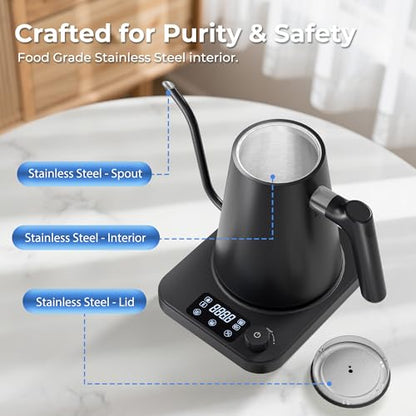 Gooseneck Electric Kettle, ±1°F Temperature Control Electric Kettle, 1.0L 1200W Fast Heating, 24H Keep Warm, 30Min Auto Memory, Food Grade Stainless Steel, Pour Over Kettle for Coffee and Tea