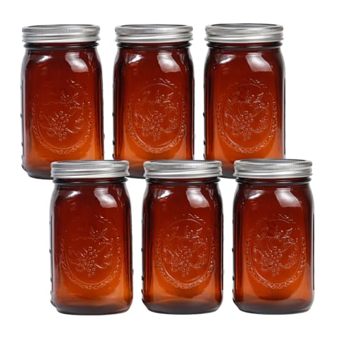 Yodecy 6 Pack 32 oz Amber Wide Mouth Mason Jars with Airtight Lids and Black Plastic Mason Jar Lids, Amber Canning Jars with Lid