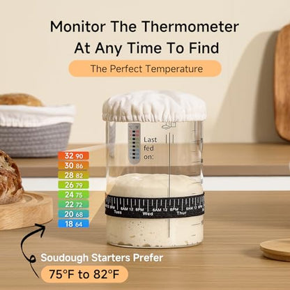 HomeFeel Premium Sourdough Starter Jar - 34 Oz Large Glass Jar with Bamboo Lid, Cloth Cover, Date Tracker, Thermometer and Scraper, Stylish Design and Wide Mouth Starter Kit (2 Pack) - size: 34 Oz