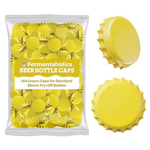 Fermentaholics Yellow Beer Bottle Caps - 144 Count Oxygen Absorbing Bottle Lids – 26mm Crown Caps for Homebrewing Beer, Cider, Soda, DIY Crafts and more – Fits Standard American Pry-Off Bottles