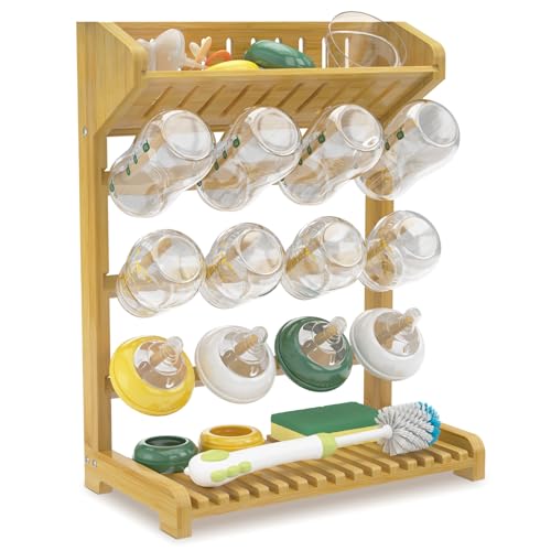 EsLuker.ly Baby Bottle Drying Rack Bamboo Vertical Dryer Holder, Space Saving for 12 Milk Glass Bottle Countertop, Wooden Drain Stand Shelf for New Parents - size: 13.1 In