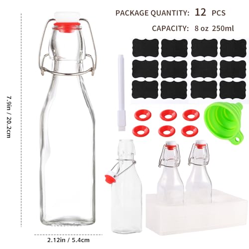 12 pack 8oz flip top glass bottles,swing top glass bottles 8 oz with lid for Home Brewing,2nd Fermentation,Kombucha,Kefir,Vanilla Extract,Juice,Tea,Beverages,Soda,Oils,Vinegar,Limoncello