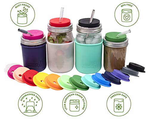 2 Pack, Black, Regular Mouth Silicone Straw Hole Tumbler and Fermentation Lids with Stainless Steel Bands by Mason Jar Lifestyle - color: Black, size: Regular Mouth