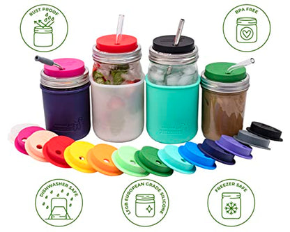 2 Pack, Black, Regular Mouth Silicone Straw Hole Tumbler and Fermentation Lids with Stainless Steel Bands by Mason Jar Lifestyle - color: Black, size: Regular Mouth