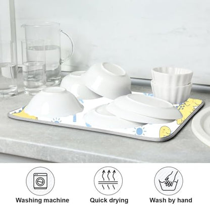 Dinosaur Palms Tree Dish Drying Mat for Kitchen Counter Super Absorbent Draining Mat with Non-slip Backed Dishwashing Mat for Dish Bottles Cups Bowl Sinks Countertops Draining Racks