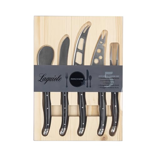 French Home Laguiole 5pc Artisan Cheese Knife Set, Black Pakkawood Handles - color: Black
