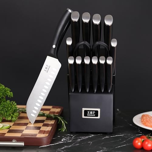 WANGMAZI Professional Kitchen Knife Set, 15 Pcs Sharp Kitchen Knife Set with Built-In Knife Sharpener, Dishwasher Safe, German Stainless Steel Knife Block Set for Home Kitchen Gifts, Black - color: 03-Black