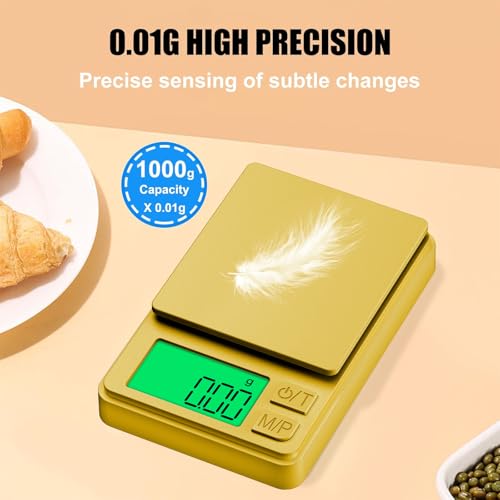 1000g x 0.01g Precision Gram Scale, Diyife Pocket Scale with Protective Cover, 7 Units, Backlit LCD, Tare Function, Digital Jewelry Scale for Gold, Gem, Battery Included, Gold | 7 Units, Protective Cover, Tare Function, Digital Jewelry Scale for Gold, Gem