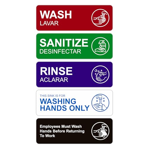 5PCS Wash Rinse Sanitize Sink Labels Sign, Self-Adhesive Waterproof Employees Must Wash Hands Stickers for Business，Restaurant Supplies for Wash Station, Commercial Kitchens, Restaurant, Food Trucks, Dish Washing (9"×3") - color: wash rinse sanitize sink