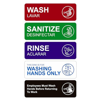 5PCS Wash Rinse Sanitize Sink Labels Sign, Self-Adhesive Waterproof Employees Must Wash Hands Stickers for Business，Restaurant Supplies for Wash Station, Commercial Kitchens, Restaurant, Food Trucks, Dish Washing (9"×3") - color: wash rinse sanitize sink
