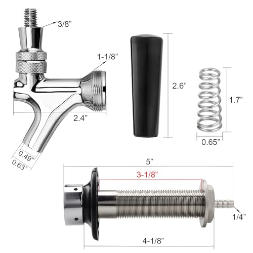 FERRODAY Upgraded 4-1/8 inch Shank Stainless Steel Core Draft Beer Faucet Chrome Plated Beer Tap No-Rust No-Leak Beer Faucet for Homebrew 1/4 Barb Keg Faucet Kegerator Parts Beer Tap Faucet - size: 4-1/8 inch Shank