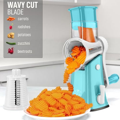 Zulay Kitchen Rotary Cheese Grater 5 Blade Cheese Shredder - Manual Hand Crank Cheese Grater With Reinforced Suction & 5 Interchangeable Drums - Easy to Use, Vegetable Chopper Round Mandoline Slicer - color: White and Light Blue