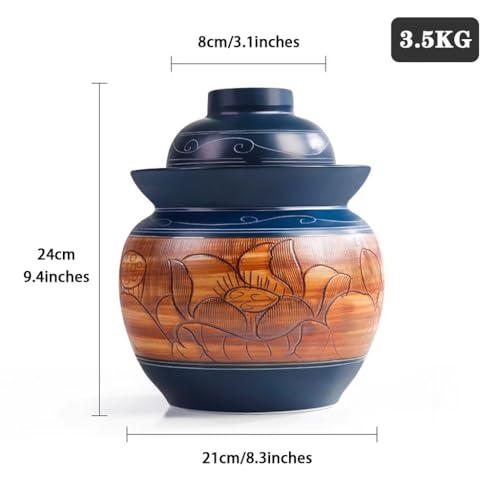 Retro Kimchi Jar with Embossed Lotus Pattern, Water-Sealed Fermentation Tank, Handmade Ceramic Pickling Crock, with Double Lid(3.5kg/123.4oz) - size: 3.5kg/123.4oz