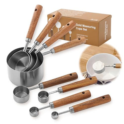 Measuring Cups and Spoons Set,Premium Stainless Steel Measuring Cups and Spoons Set with Wood Handle, 8-Pieces Kitchen Essentials for Baking, Coffee with Ergonomic Grip & Engraved Markings(Silver8) - color: Silver8