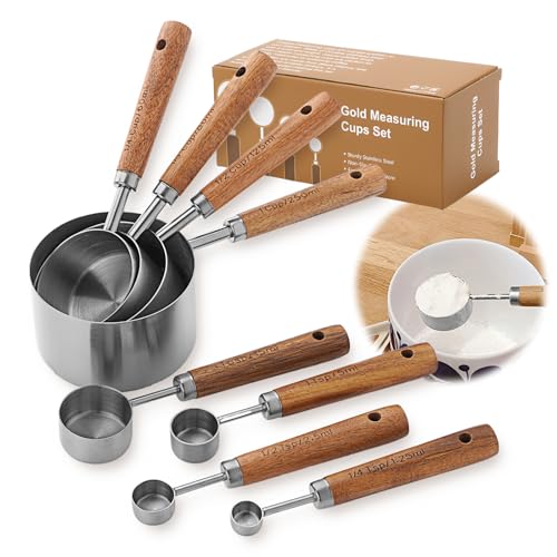 Measuring Cups and Spoons Set,Premium Stainless Steel Measuring Cups and Spoons Set with Wood Handle, 8-Pieces Kitchen Essentials for Baking, Coffee with Ergonomic Grip & Engraved Markings(Silver8) - color: Silver8